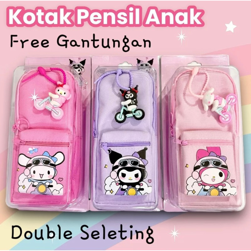 

LRMS Kotak Pensil Sekolah Anak Gambar Kuromi My Melody Sanrio free Boneka gantungan 3D double sleting penyimpanan gambar lucu