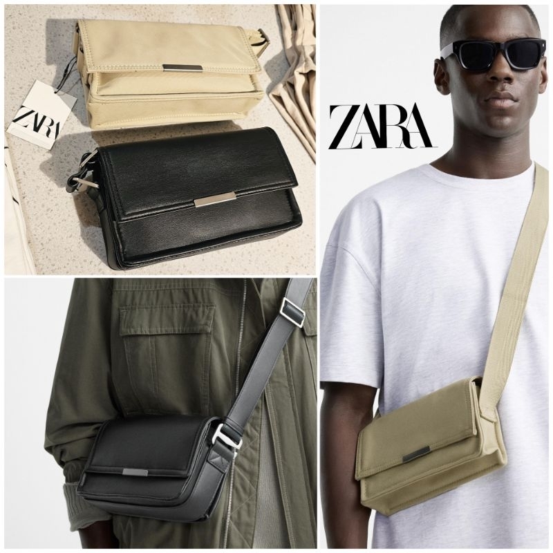 Tas Selempang Pria Zara Black Mini Crossbody Bag With  Flap Original Cowok Laki Laki Sling