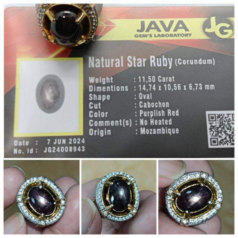 Natural Star ruby Mozambique 11,3ct memo GLI Ring Perak