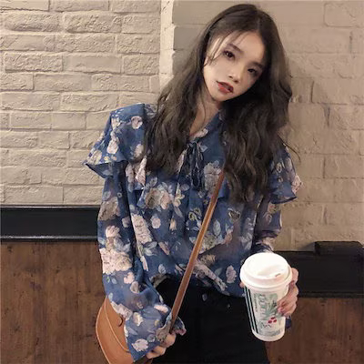 Blus Kemeja Wanita Blus Leher Pita Sifon Ruffle Panjang Pendek Pola Floral Lengan Panjang Longgar
