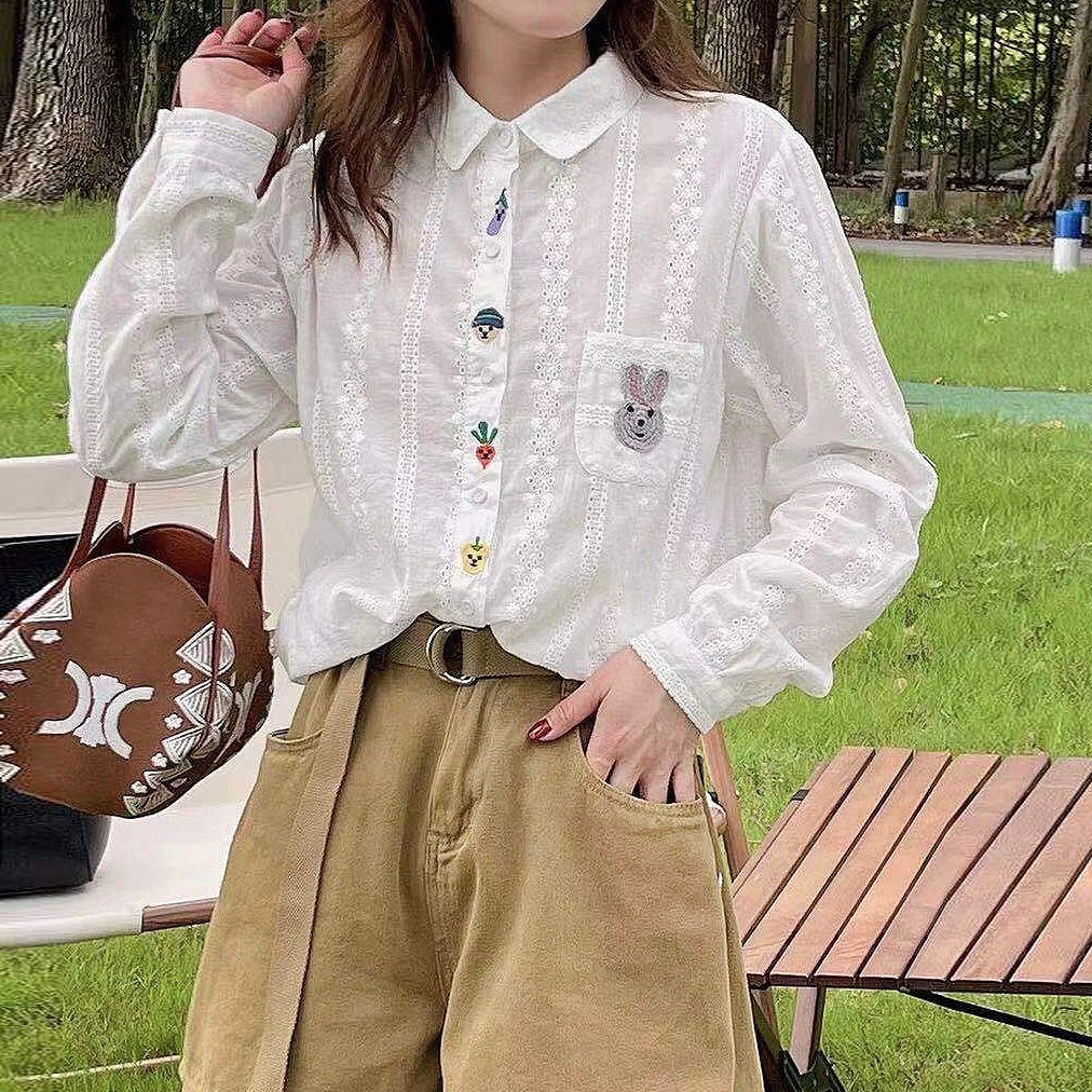 BLUS KEMEJA KATUN BORDIR BRUKAT PUTIH BORDIR WORTEL KELINCI  KOREA IMPORT