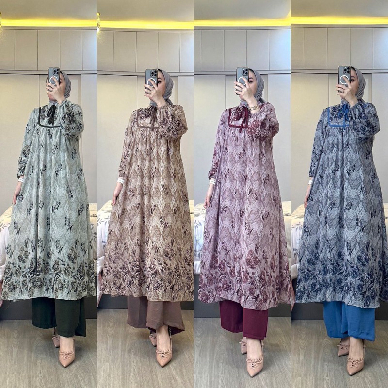 one set long tunik stelanc ceruty wanita jumbo kekinian mala motif terbaru terlaris premium