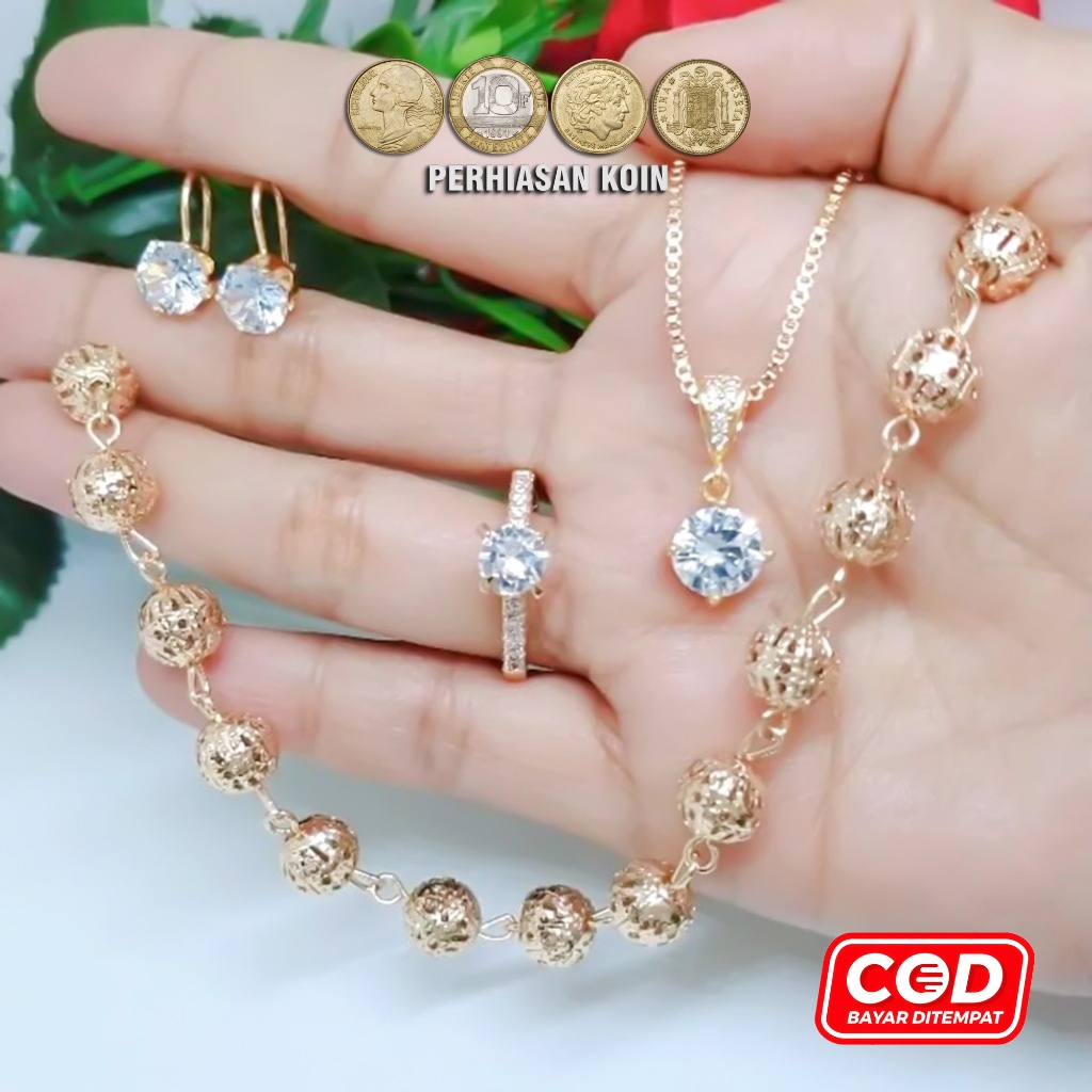 SET PERHIASAN DEWASA KALUNG ITALY SET LIOTIN PERMATA SATU + ANTING MODEL DAISY+ GELANG MODEL BOLA BO