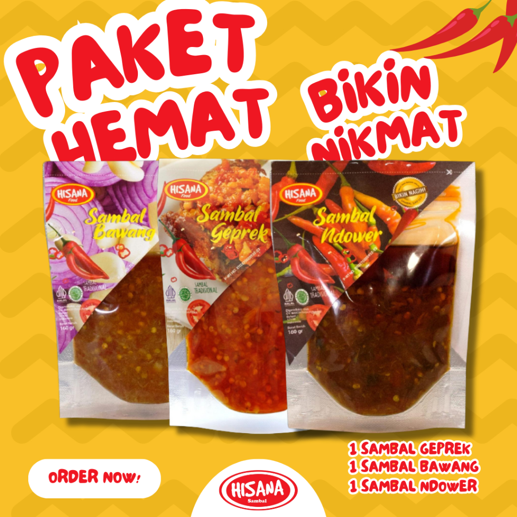 

Bundling - Paket Hemat Sambal Hisana 3pcs! Sambal Geprek, Sambal Bawang, Sambal Ndower