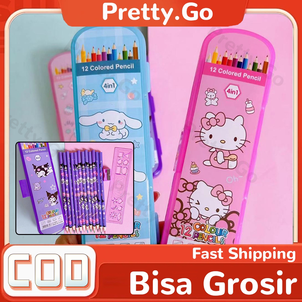 

12Pcs Pensil Warna 4 in 1 Motif Sanrio Kuromi/Cinnamoroll/Melody Alat mewarnai Peralatan Tulis Sekolah Pencil mewarnai Set