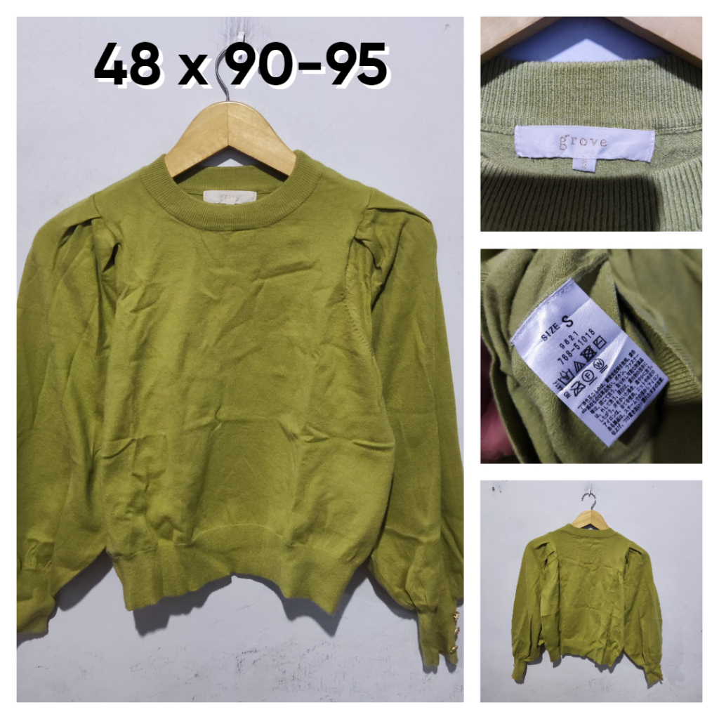 Sweater Knit GROVE Hijau Size S Wanita Atasan Cewek Outer Lengan Bal0n Kancing Tangan Empuk ED228