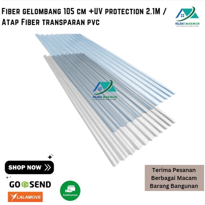 Fiber gelombang+UV protection 2.1 Meter x 105 cm x 0.8 mm putih susu / Atap Fiber bening transparan 