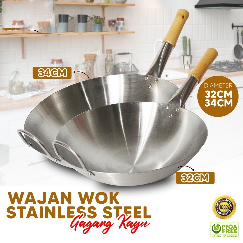 Wajan Stainless Steel Gagang Kayu Anti Panas / Wajan Stainless Steel Gagang Kayu Anti Lengket BATAM