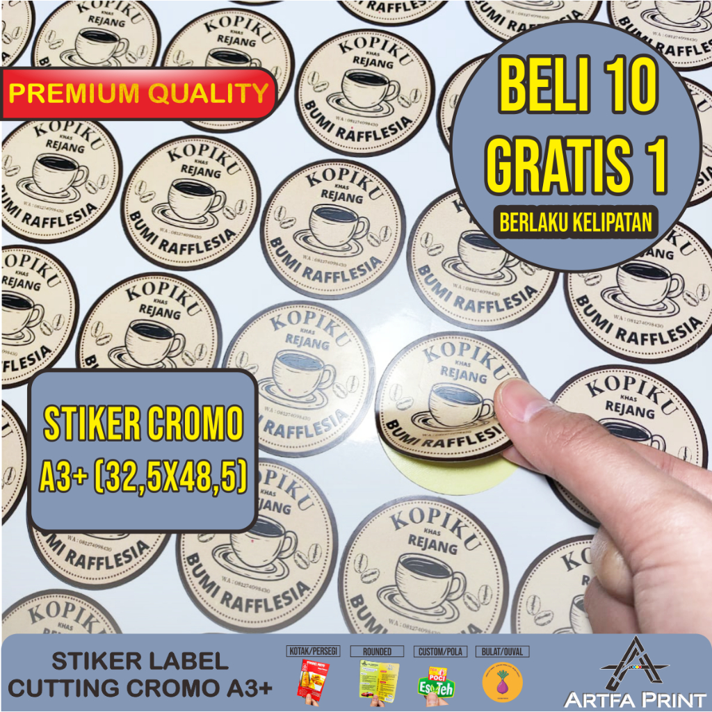 

Cetak Stiker / Print Sticker Label / Stiker Cromo, Kromo A3+ (Print + Cutting)