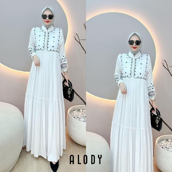 Baju Gamis Wanita Kekinian Alody Dress WD Bahan Katun Twill Aplikasi Bordir M L XL XXL XXXL Dress Ko