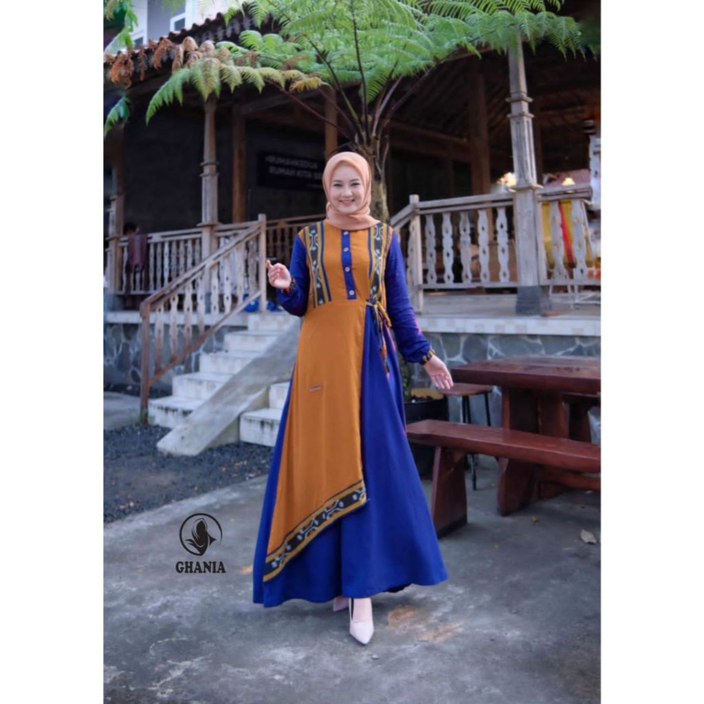 Gamis Ghania KINASIH DRESS warna Biru Elektrik kombinasi tenun etnik
