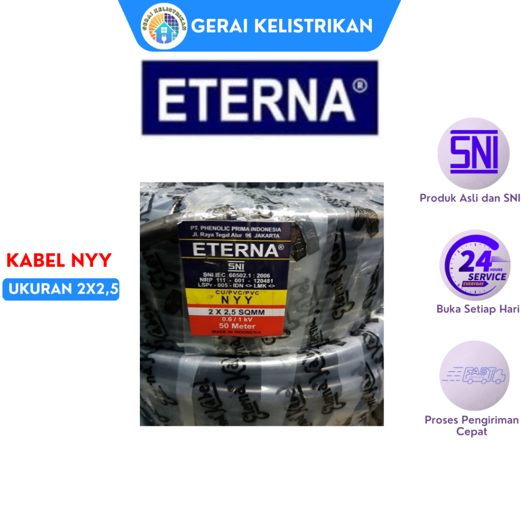 Kabel Eterna NYY 2X2,5 mm Rol 50 Dan 100 Meter
