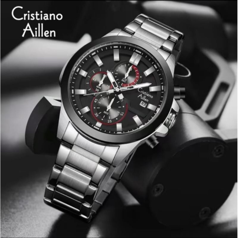 Jam tangan pria Cristiano Aillen Analog 8892 Stainless Chronograph Kaca Sapphire Water Resist