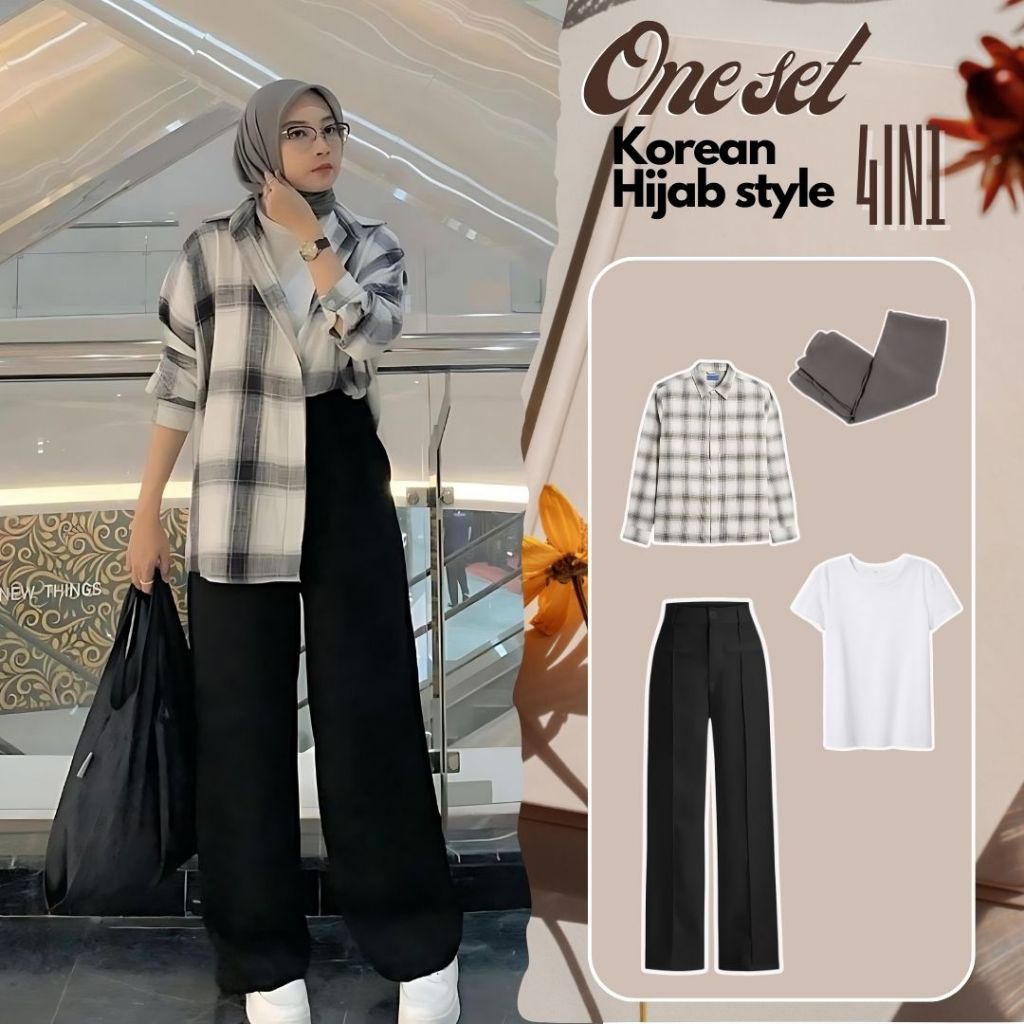 Setelan Wanita Korean Hijab Style 4in1 (Kemeja Flanel Kotak-Kotak+Kaos/T-shirt Cotton Tc+Celana Kulo
