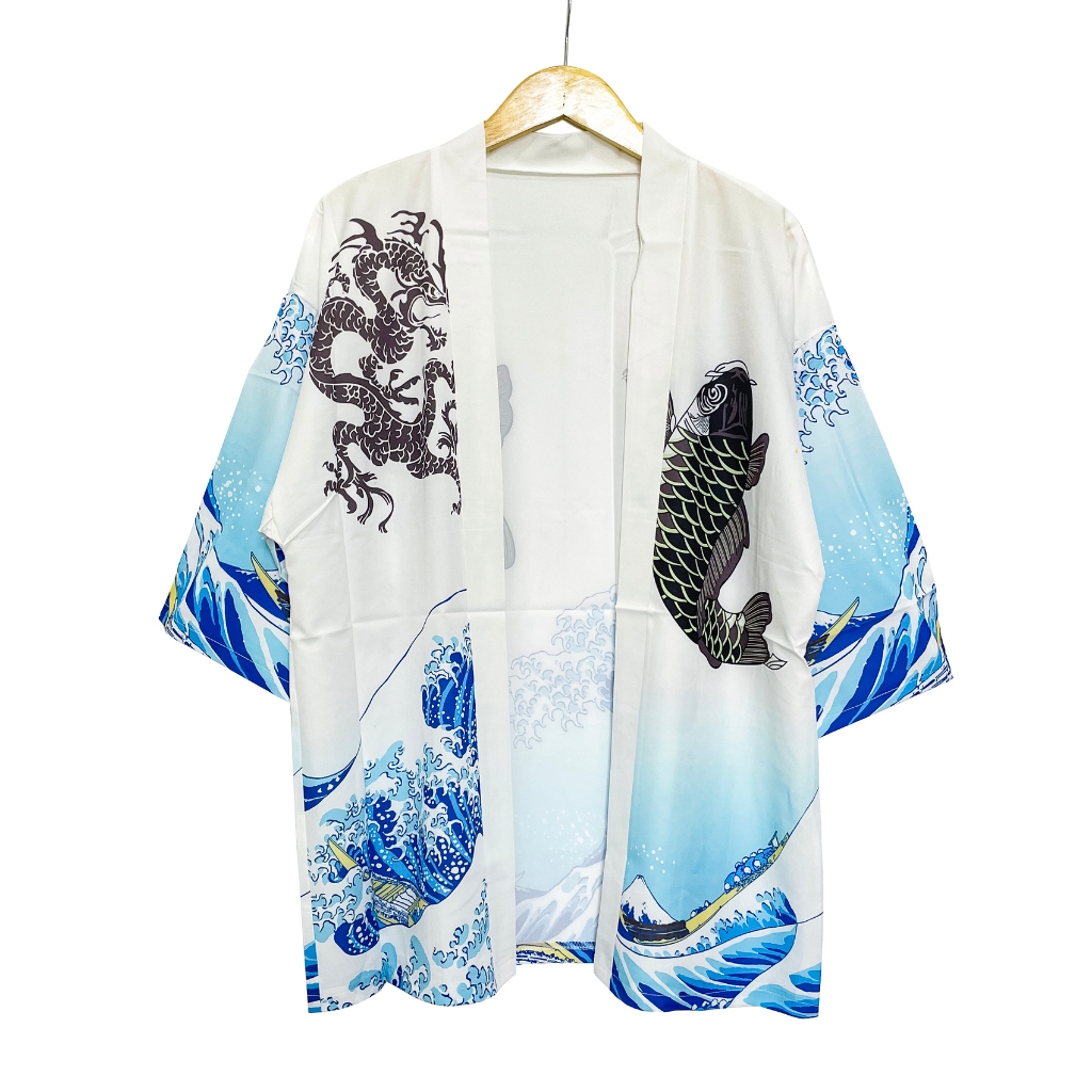 kimono haori outer fullprints ombak ikan koi unisex priawanita D83
