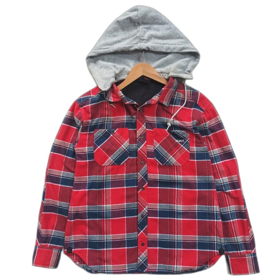 kemeja X-Girl plaid heavy flannel shirt hoodie detachable outer