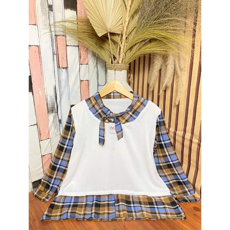 blouse rompi flanel kotak atasan wanita motif kotak leher tali kemeja oversize rompi wanita ootd ata