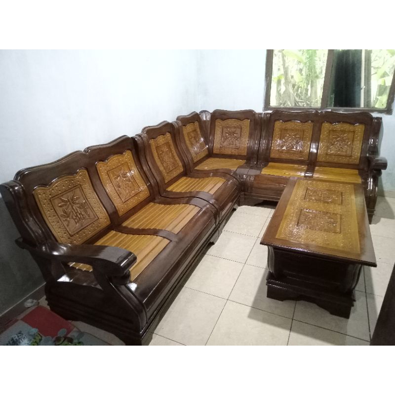 kursi tamu sudut gajah ukir bambu