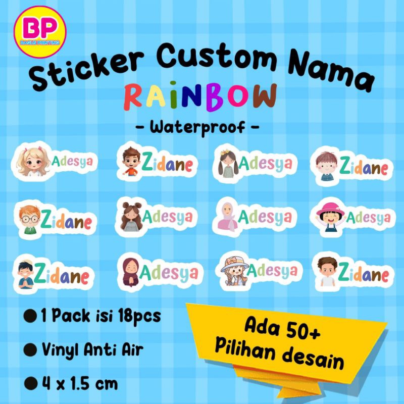 

Isi 18 pcs Sticker Warna Warni Rainbow Stiker Label Nama Anak Custom Nama Karakter Anti Air Waterproof