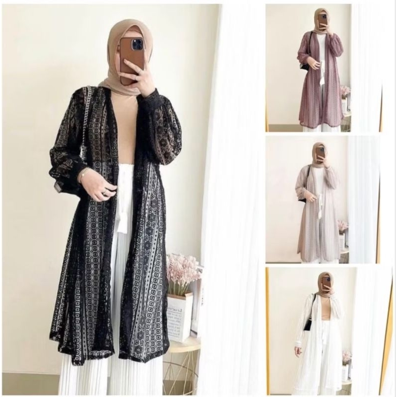 Outer Long Cardigan Brukat Panjang Lengan Balon Baju Kondangan Wanita