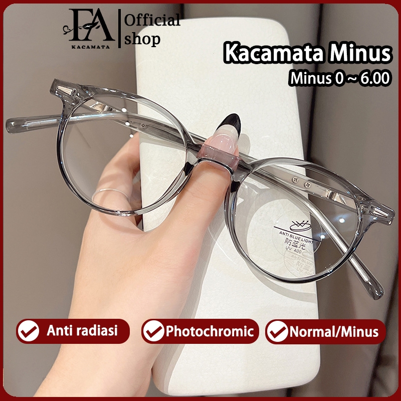 FOMAMATA Kacamata Minus Wanita Bingkai Bulat Fashion Logam Photocromic Anti Radiasi Kaca Mata Optik