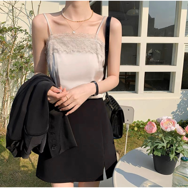Satin Lace Straight Neckline Cami Top / Tank Top Renda Brukat Satin Kamisol Korea