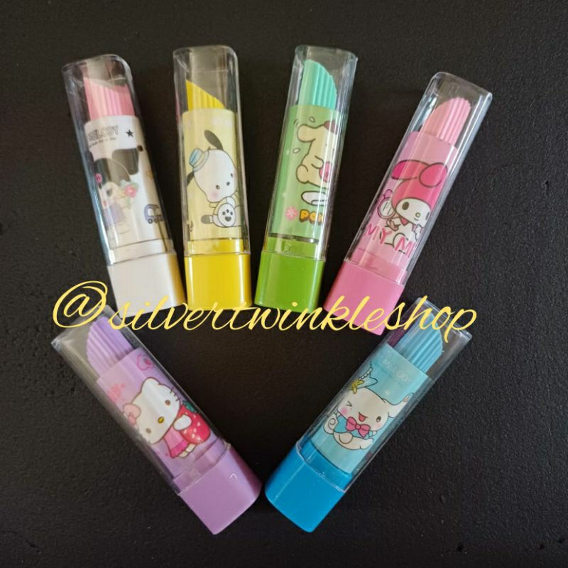 

Penghapus lipstick karakter sanrio cinnamoroll kuromi pochacco pompompurin my melody lipstik karet earaser hapusan setip setipan stip alat tulis sekolah stationery stationary murah pensil pencil karet putar murah hello kitty bolpen pulpen penggaris