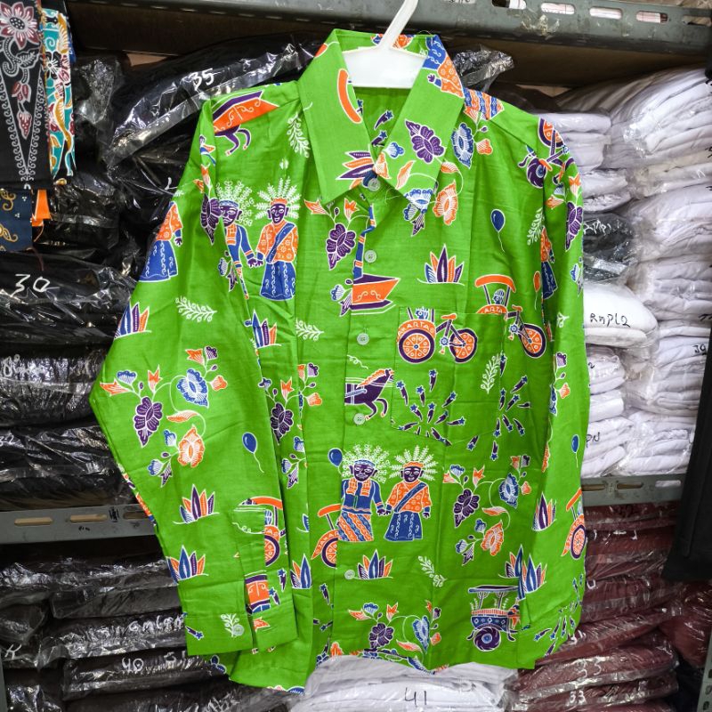 Seragam sekolah baju batik ondel-ondel lengan panjang hijau, merah dan biru