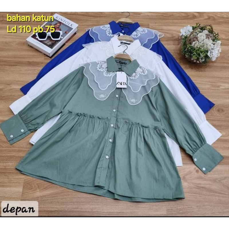 tunik babydoll polos kerah kupu katun poplin