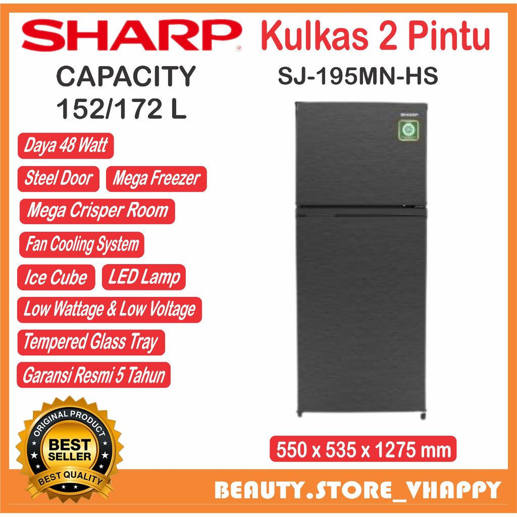 KULKAS 2 PINTU SHARP SJ 195 MNHS SJ-195MN-HS 172 / 152 LITER KHUSUS BANDUNG DAN LUAR BANDUNG