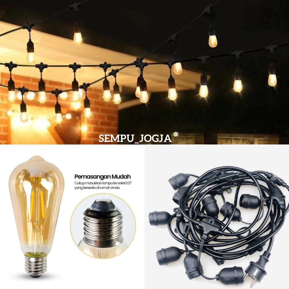Paket Fiting Lampu Kafe Gantung 10 meter 10 Fitting Outdoor Lampu Renteng Cafe Model Filament Bohlam