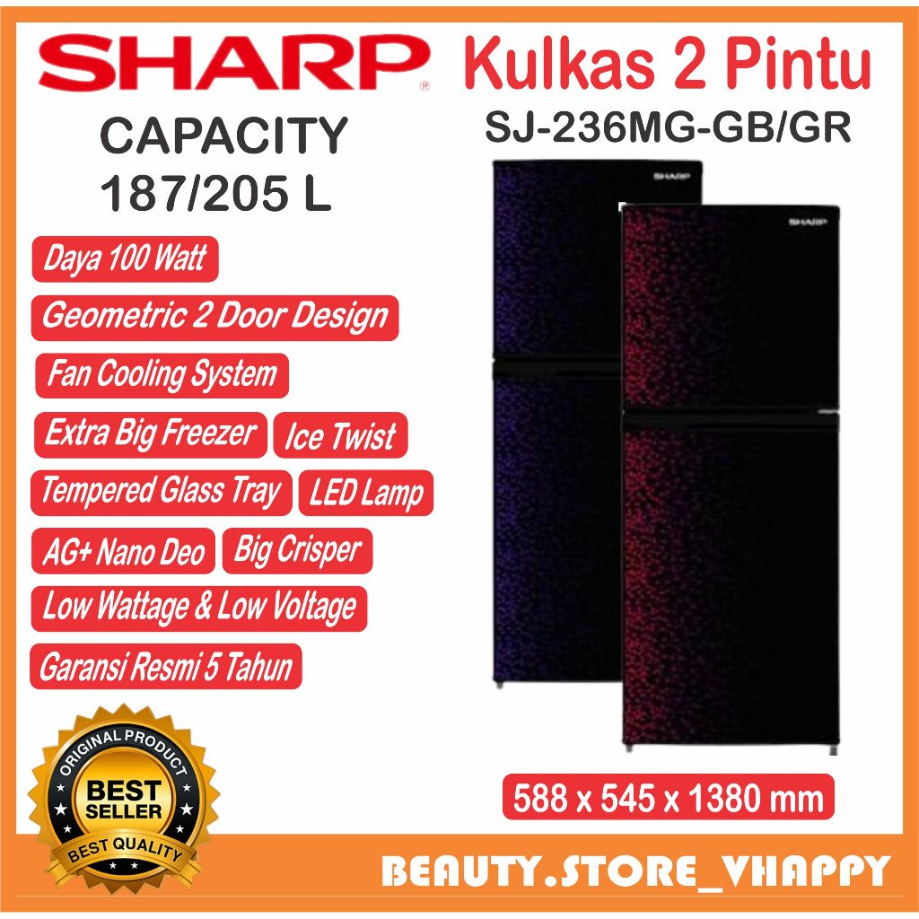 Kulkas 2 pintu SHARP 187/205 Liter SJ 236 MG GB/GR Garansi Resmi KHUSUS BANDUNG DAN LUAR BANDUNG