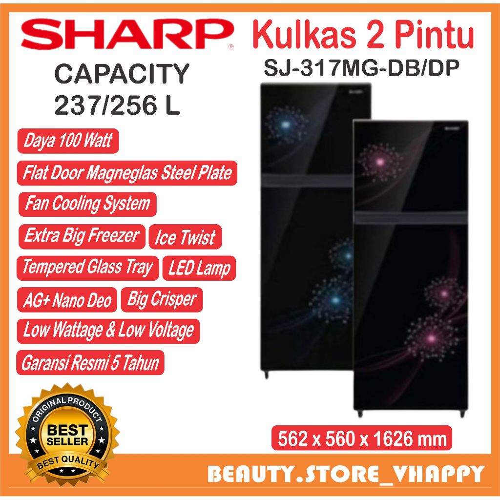 Kulkas Sharp 2 Pintu Tanpa Bunga Es 256 Liter Lemari Es SJ-317MG DB/DP Khusus Luar Kota Bandung
