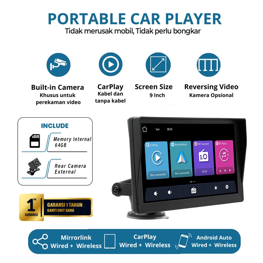 SUCITO B5590R Head Unit Dash Cam 9inch Double Din Portable Car Player Head Unit Android Head Unit Mo