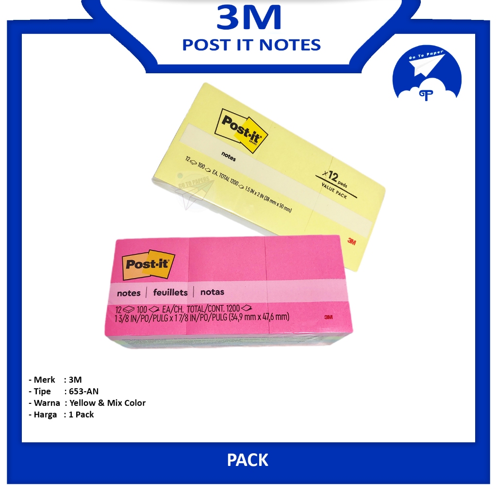 

3M - Post It Sticky Notes 653AN Mix Color & Yellow - Pack