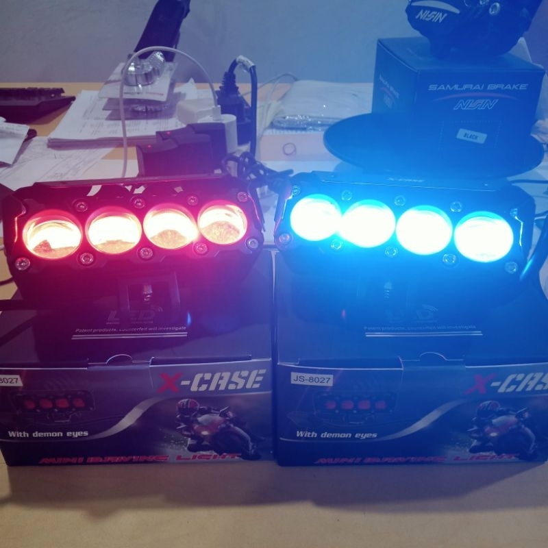 Lampu Tembak Sorot Led 4 Mata Devil Merah Biru Ballast Kipas Pendingin Hi Low 60Watt Universal Motor