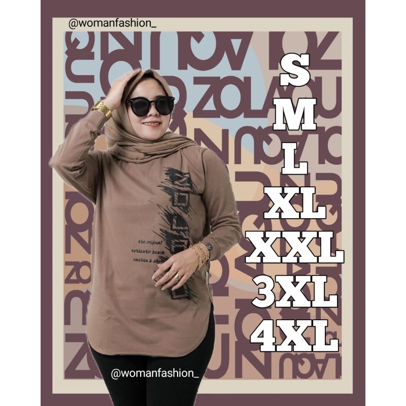 Kaos Wanita Zolaqu Original Semitunik Coklat Terop Lengan Panjang Bahan Katun Premium Nyaman Stylish