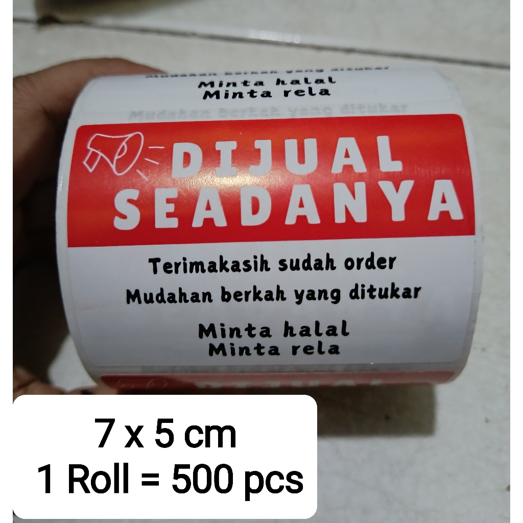 

Stiker roll jualan online Akad jual beli urang Banjar "stiker tulisan Dijual seadanya" 7 x 5cm isi 500 stiker