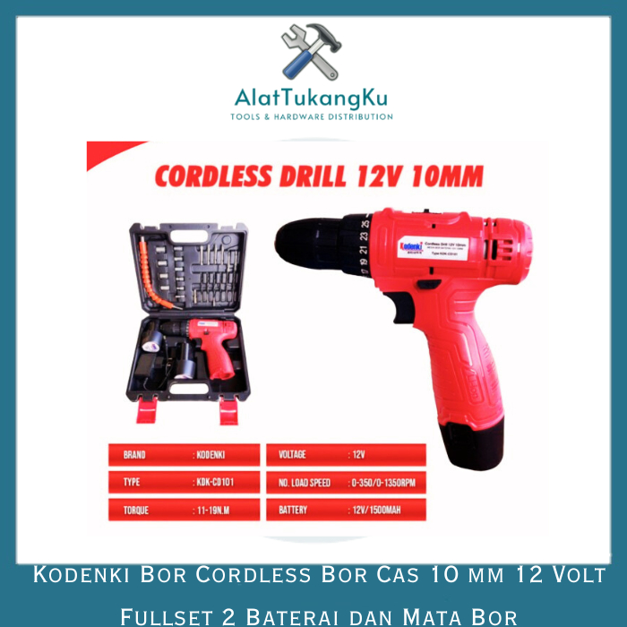 Mesin Bor Cas Cordless Fullset Free Mata Bor Mesin bor baterai cordless Kodenki 10mm 12V / Mesin Bor