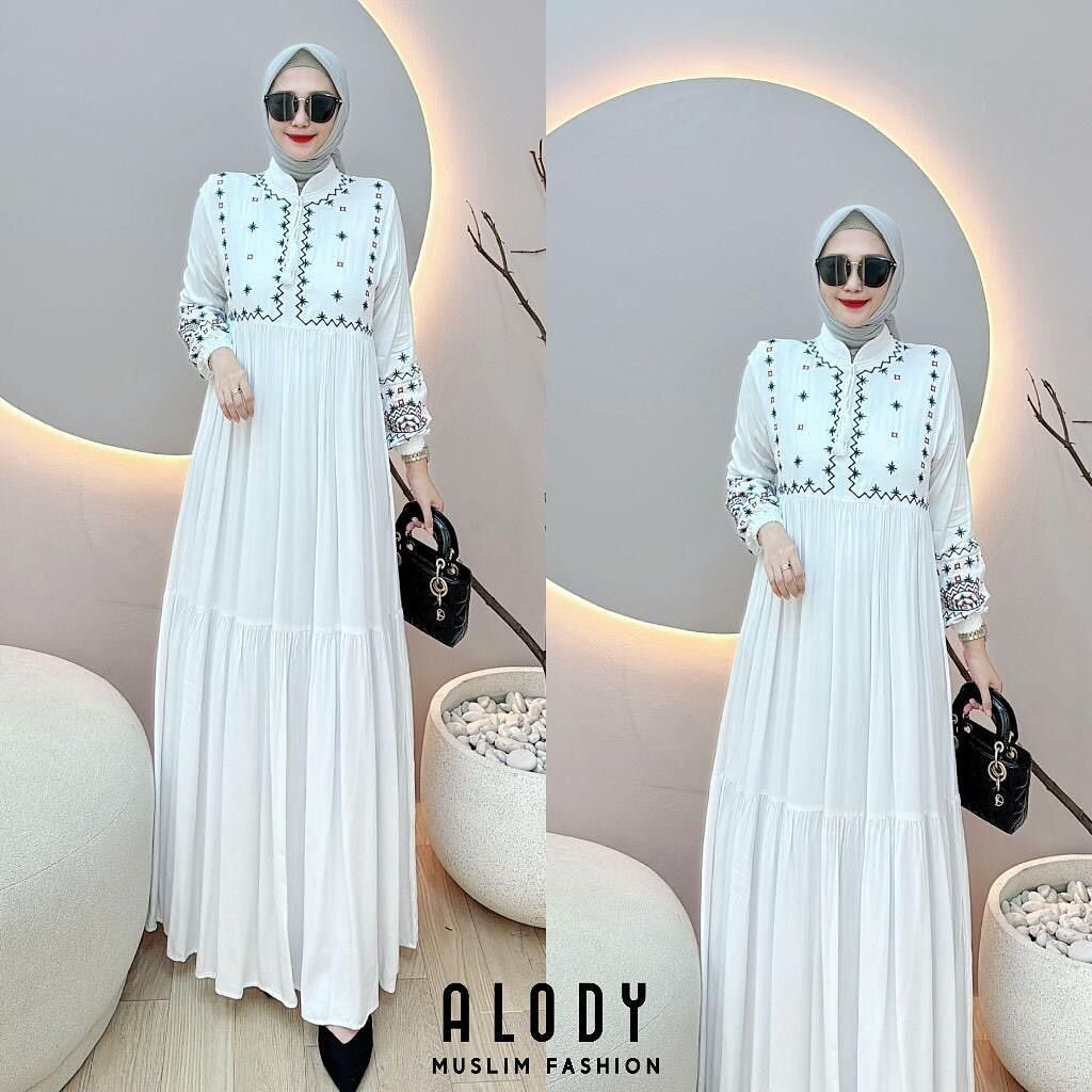Baju Gamis Wanita Terbaru Alody Dress WD Size M L XL XXL LD 100-120 CM Bahan Katun Twill Aplikasi Bo