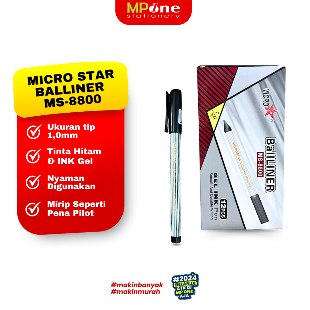 

(1KOTAK) MICROSTAR Pena Balliner Tinta Hitam MS-8800 / Pulpen INK Gel 1,0mm Microstar