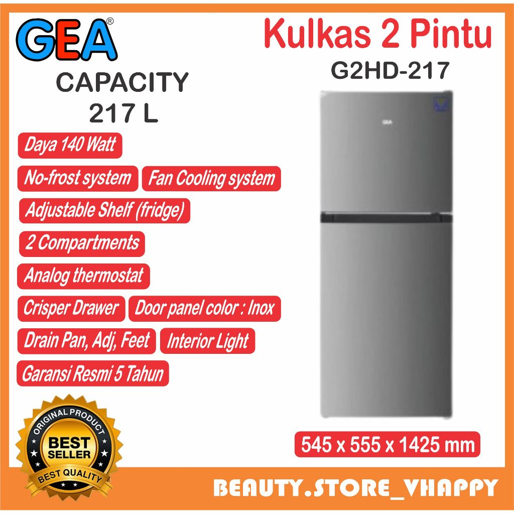 Kulkas 2 Pintu GEA INOX No Frost 217 Liter G2HD-217 Khusus Bandung danLuar Bandung Garansi Resmi