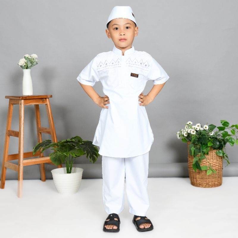 Setelan baju Koko anak laki-laki,setelan Koko putih anak,baju Koko anak warna putih,pakaian muslim a