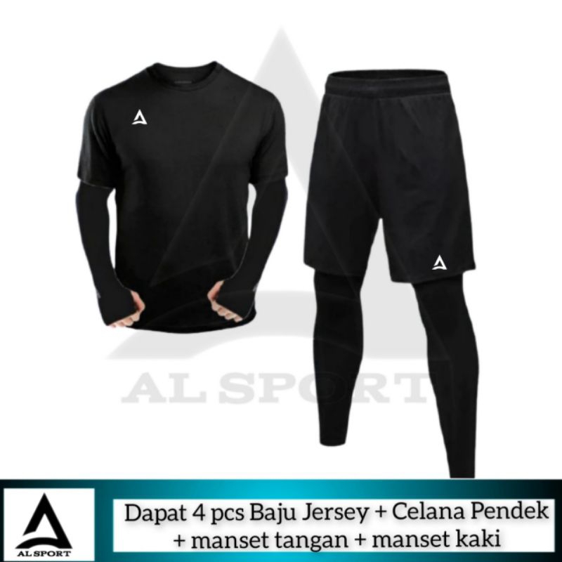 4 IN 1 Baju Jersey Celana Pendek Legging Panjang Kaos Manset Sport Senam Futsal Sepak Bola