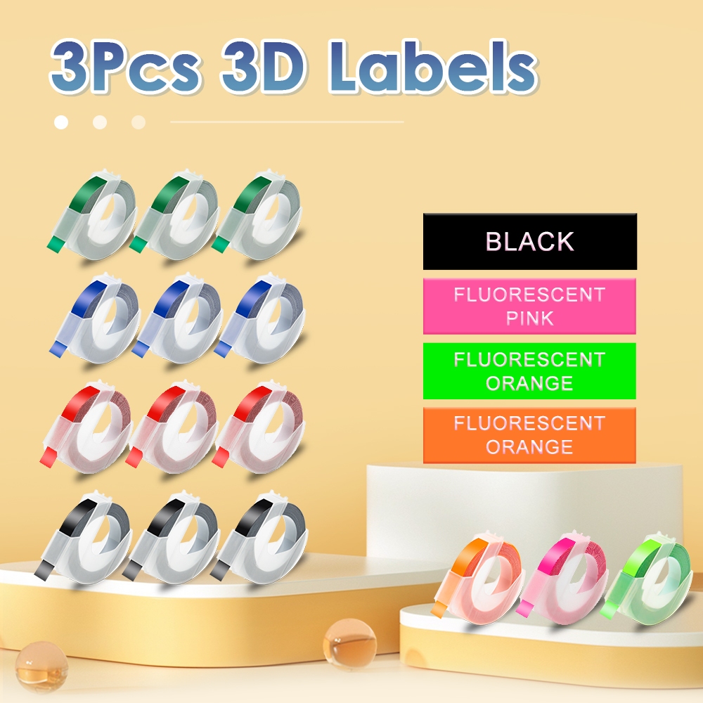 

3Pcs 9mm Plastic 3D Embossing Label Tape for Dymo 3D PVC Letter Label tape for Dymo 12965 1610 1880 Motex E101 Printer