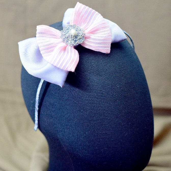 NATHACRAFT Big Korean Bow Headband Bando Pita Korea Besar Wanita Satin - Light Pink & Grey