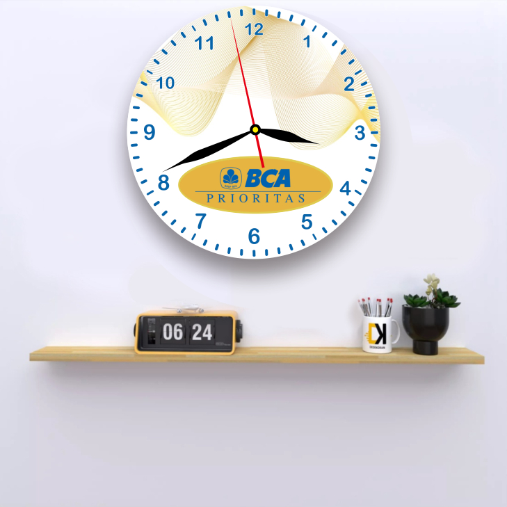KARIMAKE Jam Dinding Karakter Custom Jam Dinding Karakter Kayu Motif Logo BCA Prioritas Ukuran 30 cm