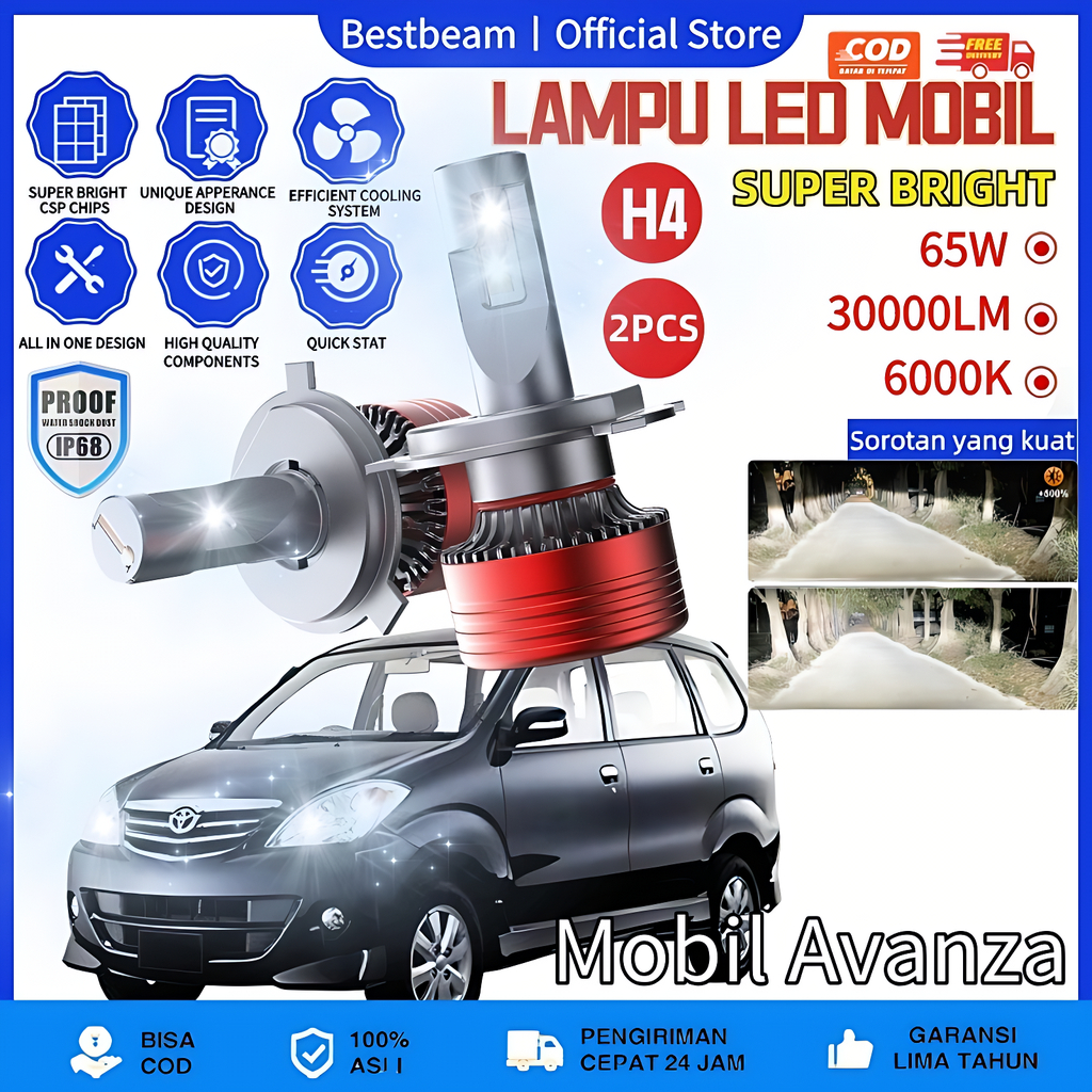 [Toyota Avanza] LAMPU LED MOBIL H4 H11 H1 H7 9005 9006 9012 65 WATT 30000LM 6000K SEPASANG