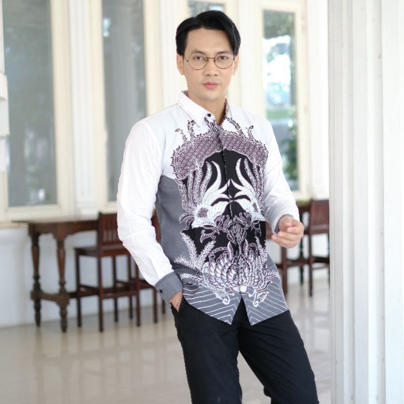 BATIK SAKATA Motif AGEMAN PUTIH Hem Atasan Kemeja Baju Batik Pria Cowok Laki Laki Slimfit Full Lapis