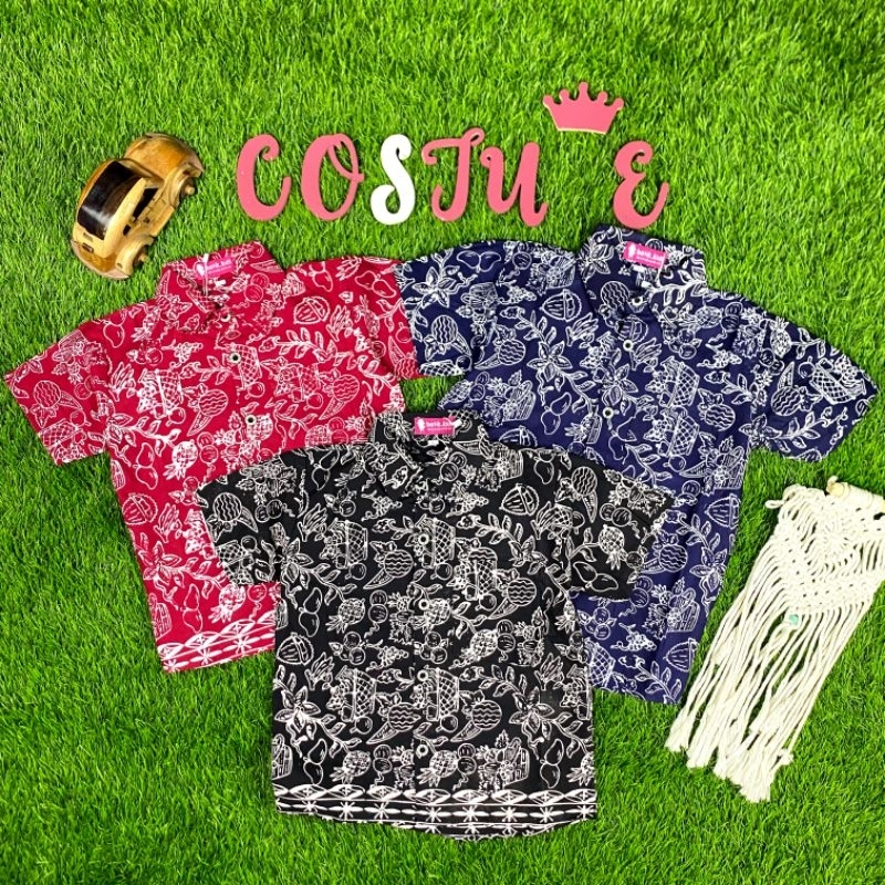 BATIK COSTUME KEMEJA BATIK ANAK PETRA BERKERAH BIRU MERAH HITAM COCOK UNTUK ANAK SEKOLAH
